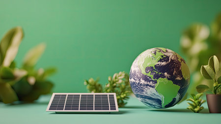 A striking representation of sustainability featuring a solar panel alongside a globe. This image symbolizes the importance of renewable energy in protecting our planet's future.の素材