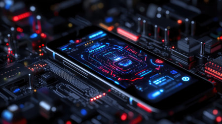 A futuristic smartphone placed on a detailed circuit board, showcasing a vibrant digital interface with glowing elements. Perfect for technology themes.の素材