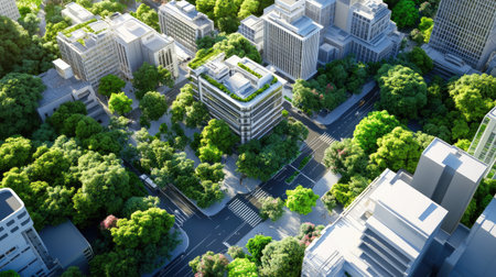 A stunning aerial view showcasing a vibrant urban environment filled with lush greenery, modern buildings, and peaceful streets, highlighting sustainable city design.の素材