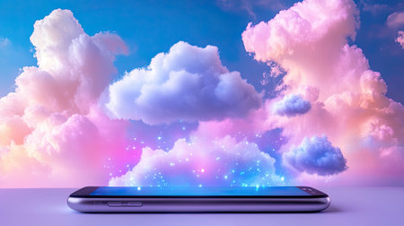A captivating image of a smartphone surrounded by colorful clouds, exuding a magical and dreamy atmosphere filled with cosmic sparkles. Perfect for creative projects.の素材