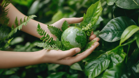 A pair of hands gently cradles a miniature Earth, surrounded by vibrant green leaves, symbolizing care for the environment and a commitment to sustainability.の素材