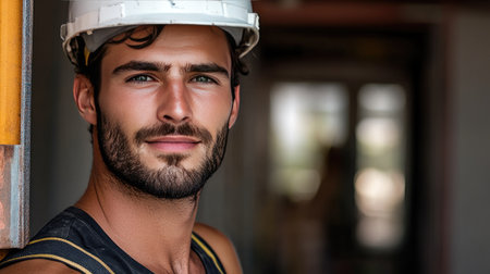 Portrait of a confident young man wearing a hard hat, smiling at a construction site. This image captures the essence of professionalism and teamwork in the industry.の素材