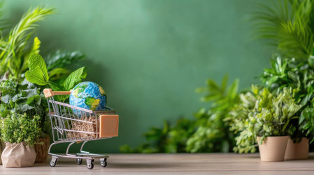 A shopping cart holds a globe, symbolizing sustainability and eco-conscious living among vibrant greenery. Perfect for themes of nature and health.の素材
