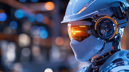 A futuristic robot worker stands in an industrial setting, showcasing advanced technology and design. The glowing visor and helmet highlight innovation in automation.の素材