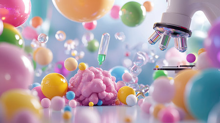 Vibrant abstract representation of a scientific concept, featuring a microscope among colorful bubbles and spheres. Perfect for educational or creative projects.の素材