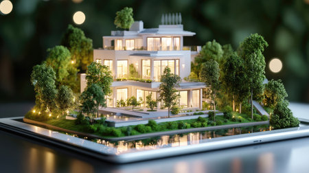 A detailed architectural model of a luxurious modern home, beautifully integrated with nature, featuring lush greenery and serene water reflections.の素材