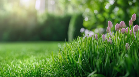 A serene view of lush green grass highlighted by delicate pink flowers, bathed in natural sunlight, creating a peaceful outdoor atmosphere for relaxation and enjoyment.の素材