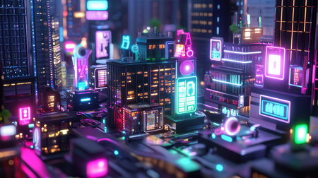 Explore a captivating futuristic cityscape adorned with vibrant neon lights. This digital artwork captures the essence of a modern urban environment, highlighting innovation and creativity.の素材