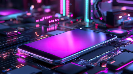 A vibrant smartphone sits on a complex circuit board, surrounded by vivid neon lights. This captivating image showcases modern technology and innovation in a colorful setting.の素材
