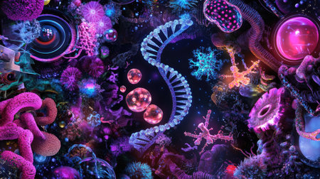 Vibrant abstract illustration depicting microorganisms and DNA structures in a colorful and intricate design. Ideal for science and biology themes.の素材