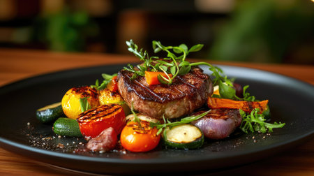 A beautifully plated grilled beef steak served with vibrant vegetables. This gourmet dish showcases fresh ingredients and exquisite presentation, ideal for food lovers.の素材