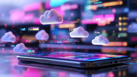 A modern mobile device showcases vibrant digital clouds representing data storage and seamless connectivity in a futuristic landscape of colorful technology.の素材