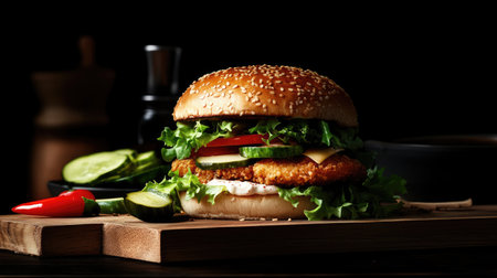 Enjoy a mouthwatering crispy chicken burger layered with fresh veggies. This appetizing meal showcases vibrant colors and flavors, perfect for any dining occasion.の素材