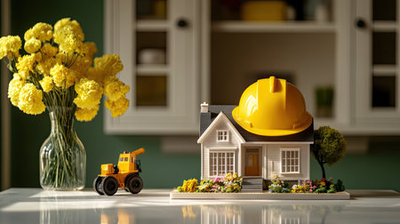 A charming scene featuring a model house adorned with a bright construction hat and cheerful yellow flowers, perfect for construction themes or home decoration.の素材