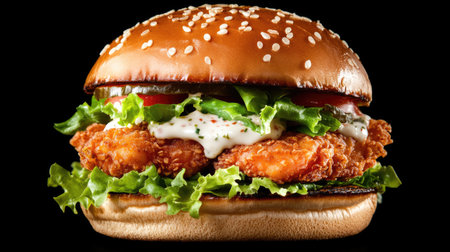 This crispy chicken sandwich features fresh lettuce, ripe tomatoes, and a savory sauce, served in a sesame seed bun against a striking black background. Perfect for food lovers.の素材