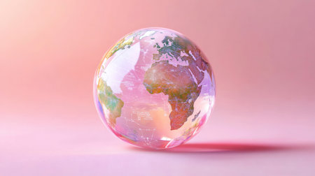 A transparent globe depicting colorful continents sits on a soft pink background, symbolizing global connectivity and modern design for various creative projects.の素材