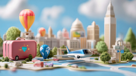This vibrant image showcases a whimsical travel scene featuring an airplane, colorful suitcase, and iconic city landmarks that inspire adventure and exploration.の素材