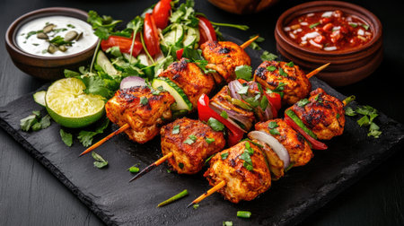 Enjoy a vibrant display of grilled chicken skewers accompanied by fresh vegetables and delicious dipping sauces, perfect for a balanced and flavorful meal.の素材