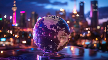 A stunning globe rests against a vibrant city skyline, creating a striking visual contrast. The blurred lights and bokeh effect enhance the modern ambiance, inviting exploration.の素材