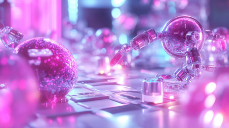 Explore a colorful futuristic scene showcasing vibrant glass spheres and robotic elements. This digital artwork captures the essence of innovation and surreal aesthetics.の素材