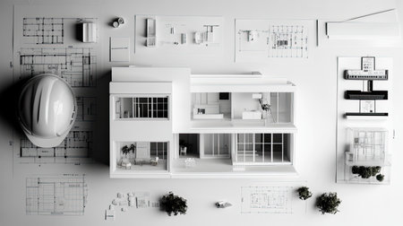 A detailed view of a modern architectural model surrounded by blueprints and a construction helmet, showcasing creativity and precision in design and planning.の素材