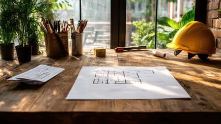 Bright workspace featuring construction plans, tools, and safety gear under natural light. Perfect for themes of architecture, planning, and creativity.の素材
