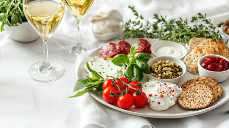 A beautifully arranged snack platter featuring fresh cheese, vibrant tomatoes, assorted crackers, and a glass of white wine, perfect for elegant gatherings.の素材