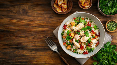 A flavorful chicken rice bowl featuring tender chicken, colorful vegetables, and fresh herbs, perfect for a healthy meal or dinner gathering.の素材