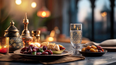 A beautifully arranged traditional Middle Eastern feast showcasing sweet delicacies, elegant glassware, and warm atmospheric lighting, perfect for cultural gatherings.の素材