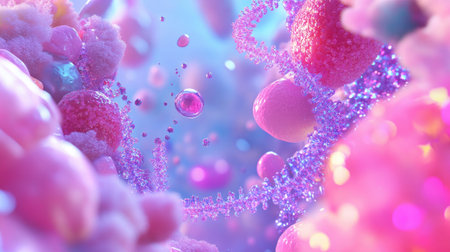 Explore a captivating abstract scene showing vibrant colorful cells in a microscopic world, featuring dynamic light and soft textures that evoke imagination and creativity.の素材