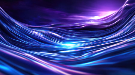 Discover the beauty of abstract flowing waves illuminated in vibrant purple and blue tones. This design captures the essence of fluid movement and light.の素材