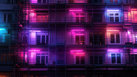 A captivating composition of a modern building illuminated by colorful neon lights at night. The vibrant hues create a dynamic urban atmosphere, highlighting architectural details.の素材