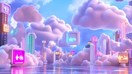 A stunning futuristic cityscape featuring vibrant clouds illuminated by neon lights, blending technology and imagination in a surreal visual experience.の素材