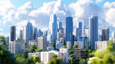 A vibrant modern city skyline showcases sleek buildings and lush greenery under a bright blue sky with fluffy clouds, illustrating urban life and nature's harmony.の素材