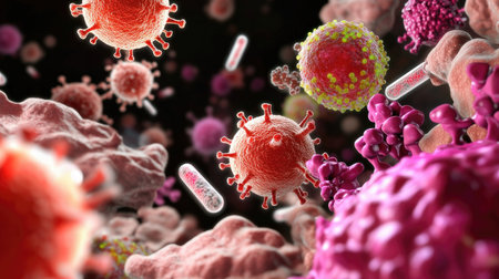 Stunning close-up view of viruses and bacteria in a dynamic cellular environment, showcasing the complexity and diversity of microscopic life and its role in health and disease.の素材