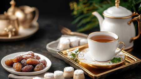 A beautiful arrangement featuring a delicate tea cup with dates and sweets, ideal for showcasing hospitality, tradition, and warmth in a cozy setting.の素材