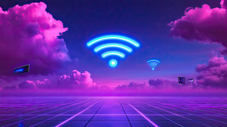 This vibrant digital artwork features a neon landscape with WiFi symbols glowing against a backdrop of colorful clouds. The ethereal scene captures a futuristic atmosphere, blending technology and art.の素材