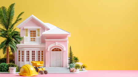 A delightful miniature house model surrounded by vibrant plants and a construction vehicle. Ideal for themes of creativity, home, and playful design elements.の素材