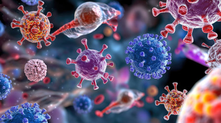 This vibrant illustration showcases various viruses within a microscopic environment, highlighting their intricate structures and implications for health and disease.の素材