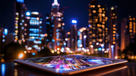 Stunning night cityscape featuring a tablet displaying an urban landscape. The glowing buildings and vibrant lights create a mesmerizing atmosphere.の素材