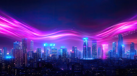 A striking night cityscape featuring skyscrapers illuminated by neon lights and dynamic pink light trails, capturing the essence of urban vibrancy and energy.の素材
