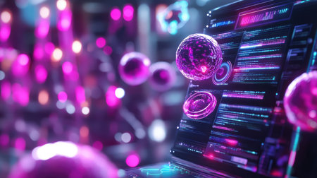 Explore the intersection of technology and biology through vibrant digital cells in a high-tech lab atmosphere, reflecting creativity and innovation in research.の素材