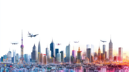 Explore a breathtaking city skyline featuring airplanes soaring above iconic skyscrapers, with vibrant colors merging into a stunning sunset backdrop.の素材