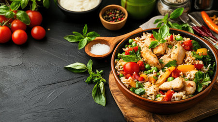 A vibrant chicken rice bowl featuring colorful vegetables and fresh herbs. Perfectly garnished with basil, tomatoes, and peas for a delicious meal.の素材