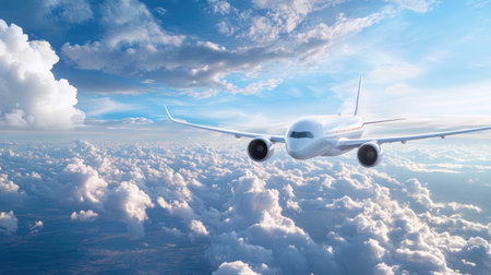 A sleek airplane navigates through a beautiful sky filled with fluffy clouds, featuring vibrant blue tones and bright sunlight. Ideal for travel themes.の素材