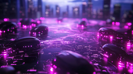 A captivating futuristic cityscape featuring glowing neon lights and abstract technology elements. The scene is filled with purple illumination reflecting off a sleek surface, creating a vibrant urban atmosphere.の素材