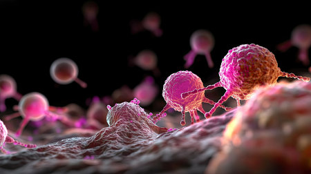 Explore an intricate and vibrant view of microscopic cells showcasing their unique structures and interactions, perfect for scientific or educational purposes.の素材