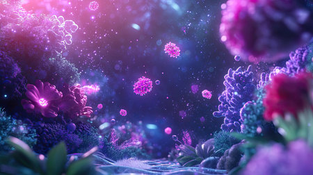 Dive into a mesmerizing underwater world filled with vibrant flowers and colorful microorganisms. This ethereal landscape showcases beauty and tranquility in a surreal environment.の素材