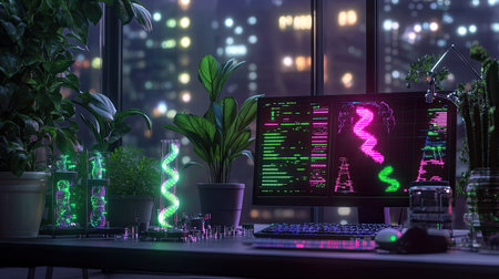 A vibrant futuristic desk setup highlighting neon lights and a bustling city background. Ideal for themes of innovation, technology, and creative workspace design.の素材