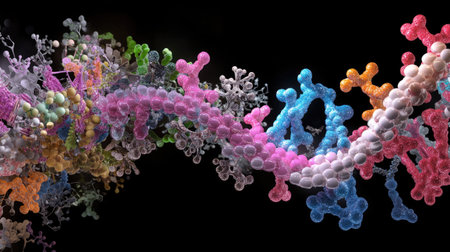 Vibrant representation of a DNA molecule structure on a black background, showcasing intricate details for use in scientific and educational materials.の素材